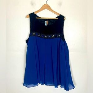 LB Collection Women's Tunic Top Sz 24 Blue & Black Pleated Jewel Mesh & Chiffon